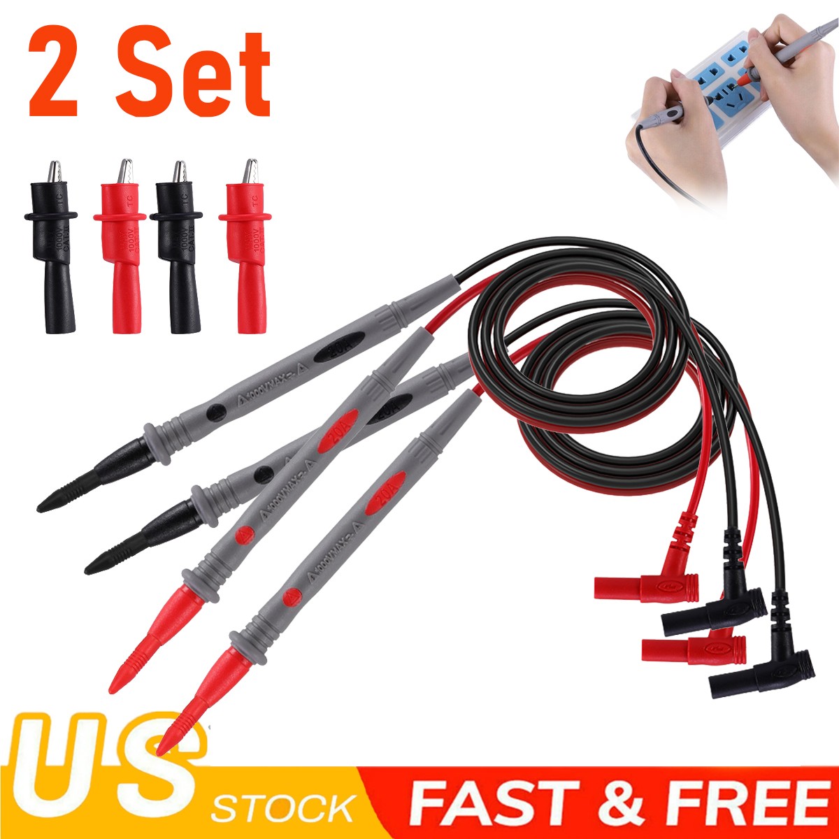 2Sets Multimeter Test Leads for Fluke Meter Electrical Alligator Clip Probes 20A