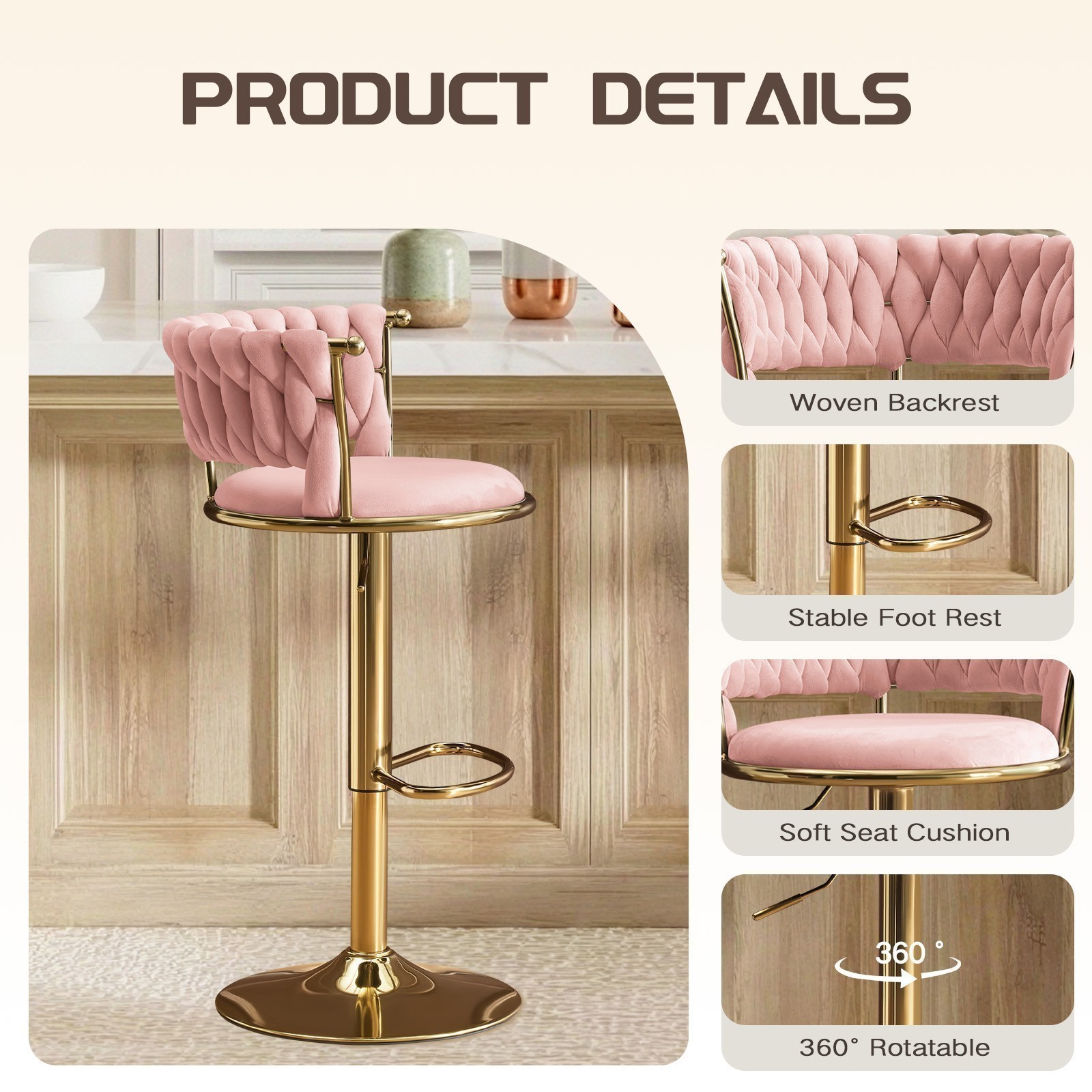 Home Bar Stools Gold,Set of 2,Modern Swivel Stools Comfortable for Entertaining‌