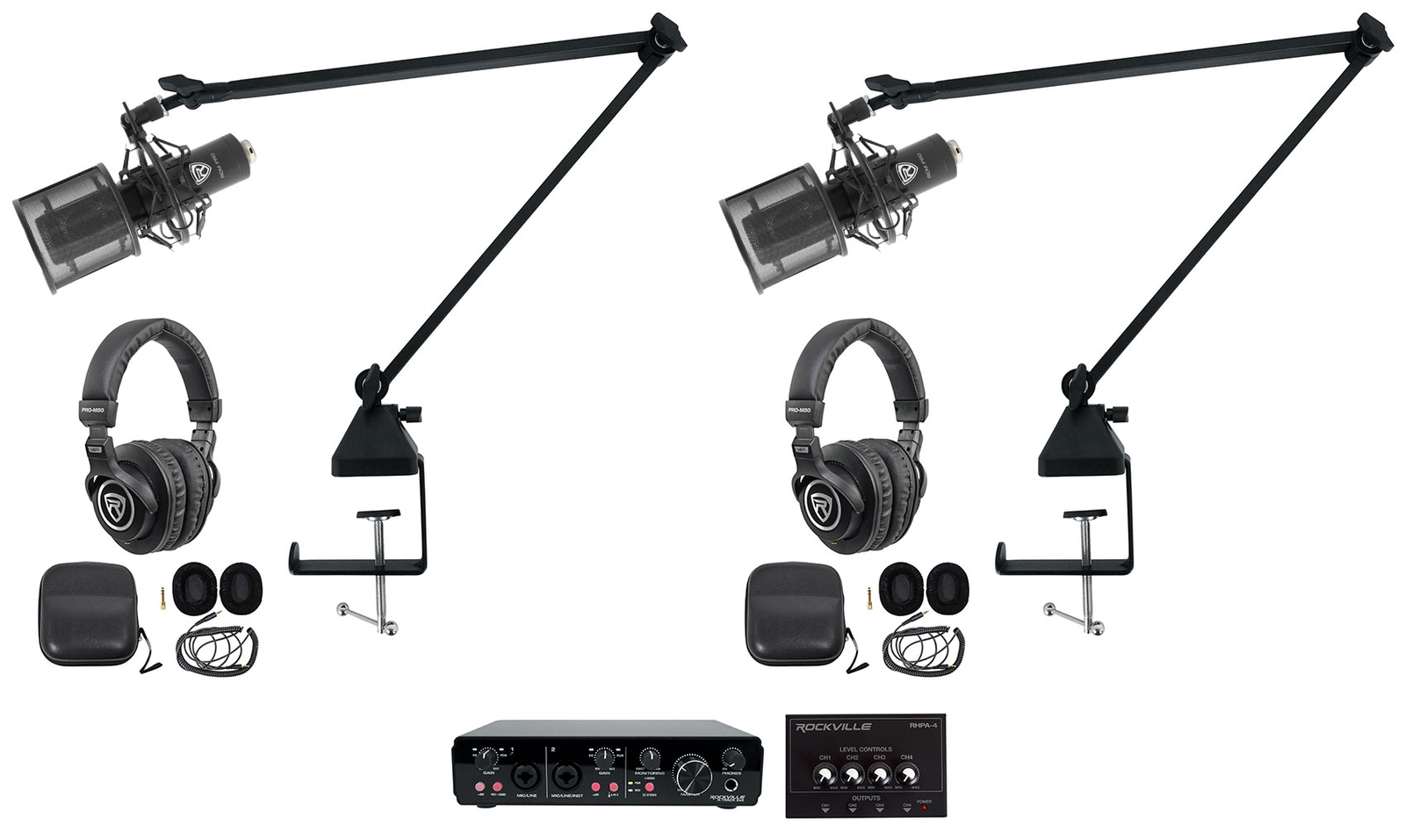 Rockville R-TRACK 2x2 2-Person Podcast Kit w/ RCM PRO Microphone+Boom+Headphones