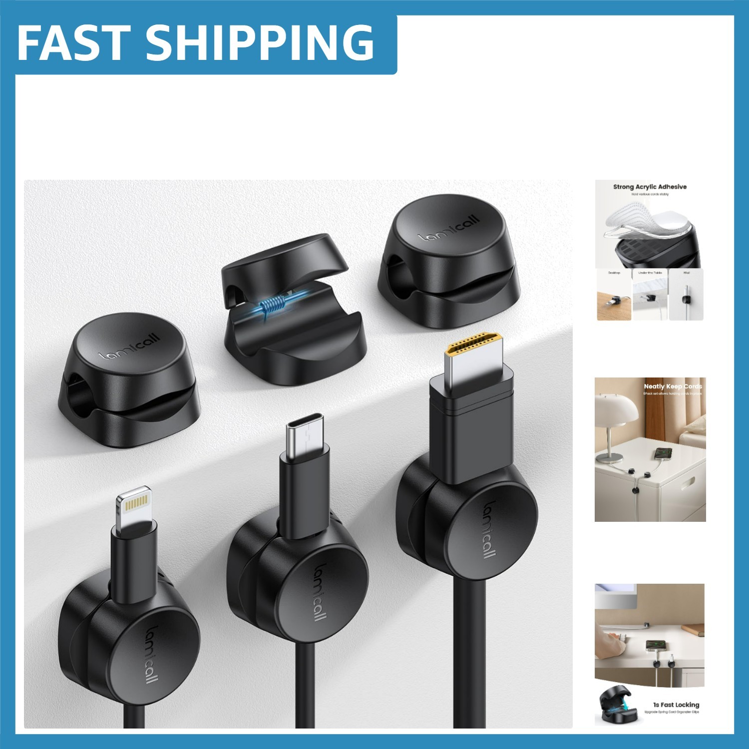 Pack of 6 Spring-Activated Cord Clips - Elegant Wire Organizer for Home & Office