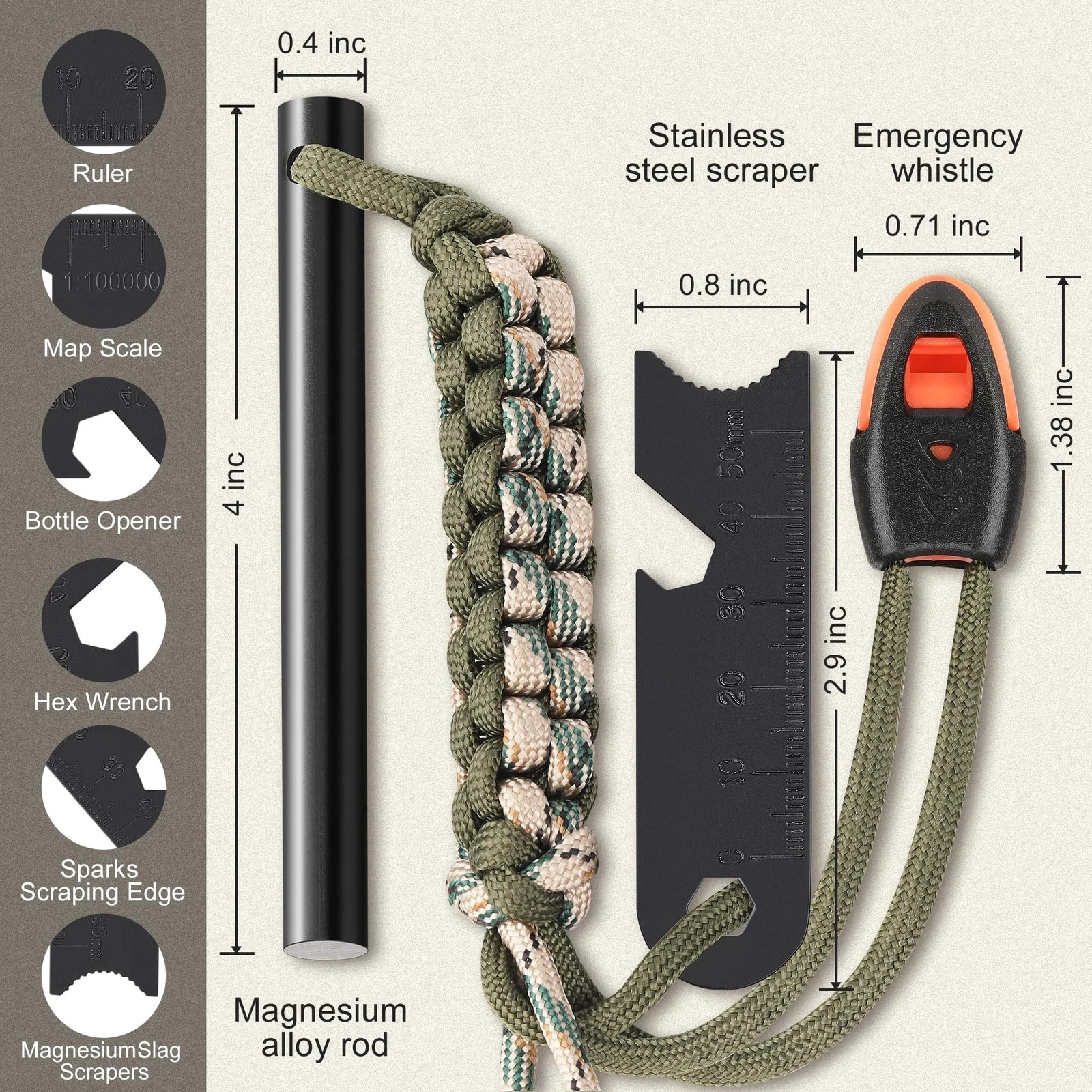 CLWRYVIDUU Survival Fire Starter, 4 Inch Ferro Rod, Flint for Hiking and Camping
