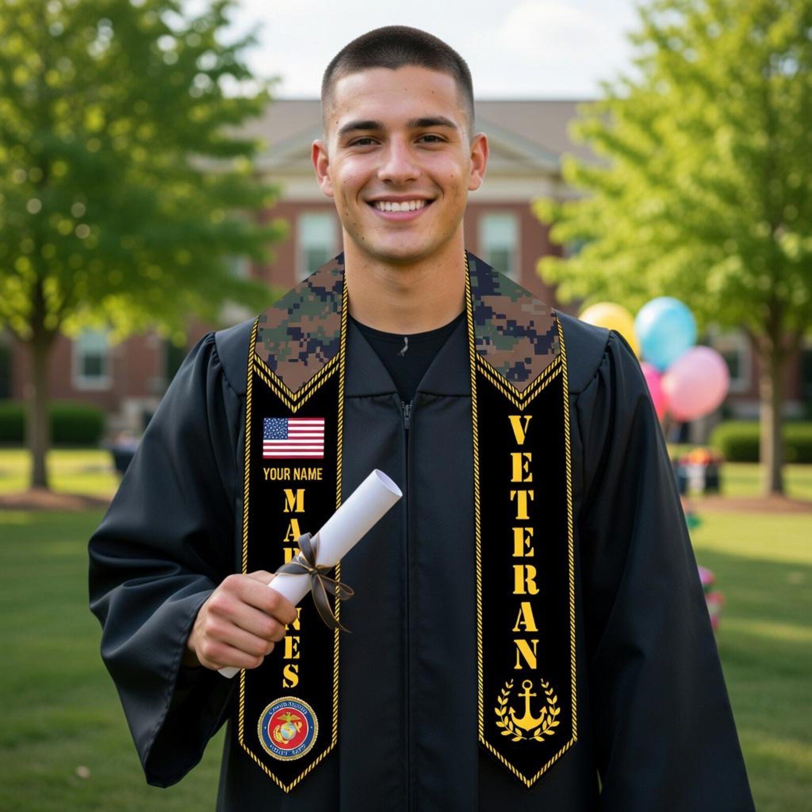 Marines Veteran Graduation Stole, Personalized Camo Class of 2026, USMC Military