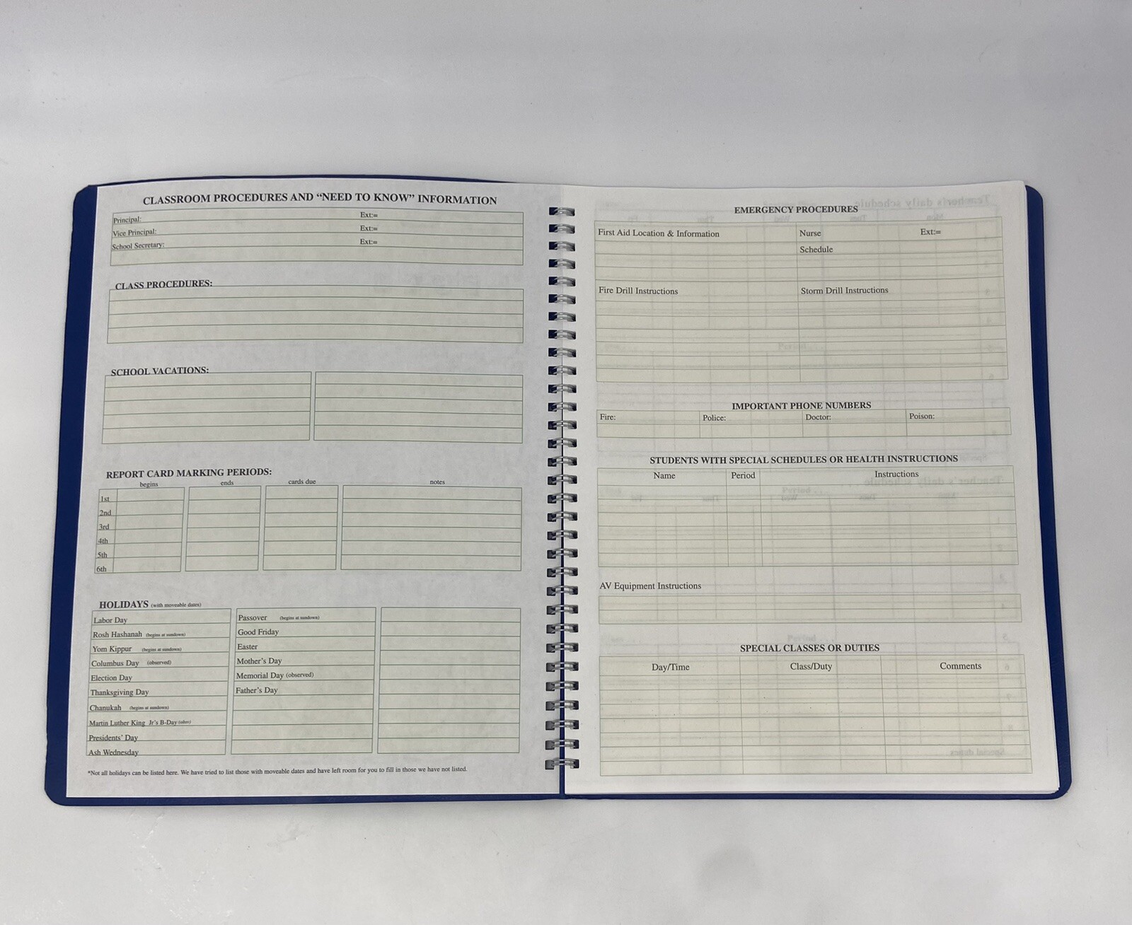 8 Period Teacher Lesson Plan; Days Vertically Down The Side (W208) - OPEN BOX