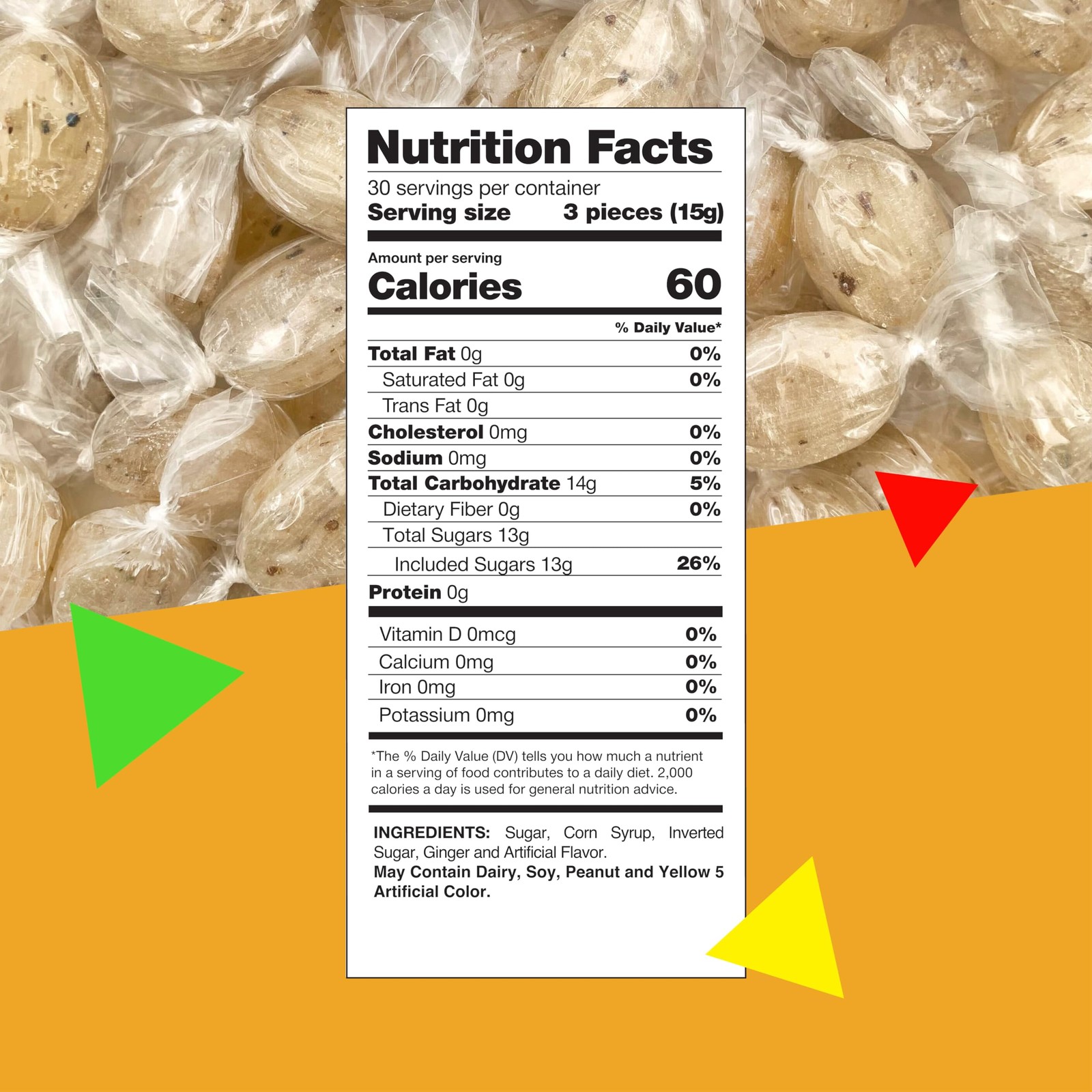 Ginger Hard Candy 1 lb Bag ~90 Ct Individually Wrapped Chews