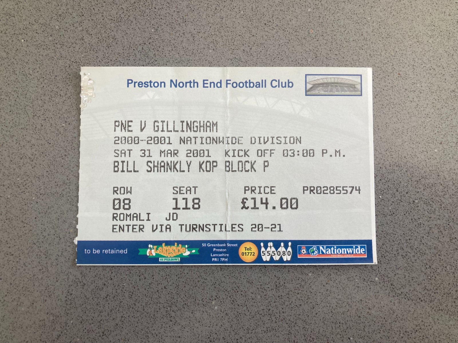 Preston North End v Gillingham 2000-01 Match Ticket