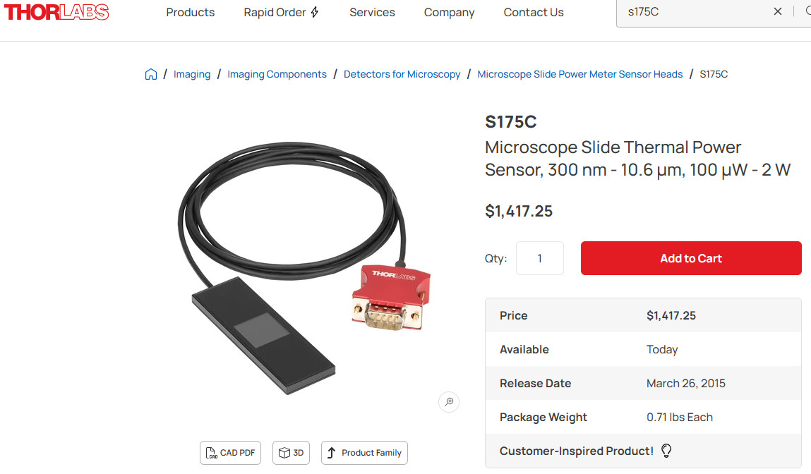 Thorlabs S175C Thermopile microscope slide detector