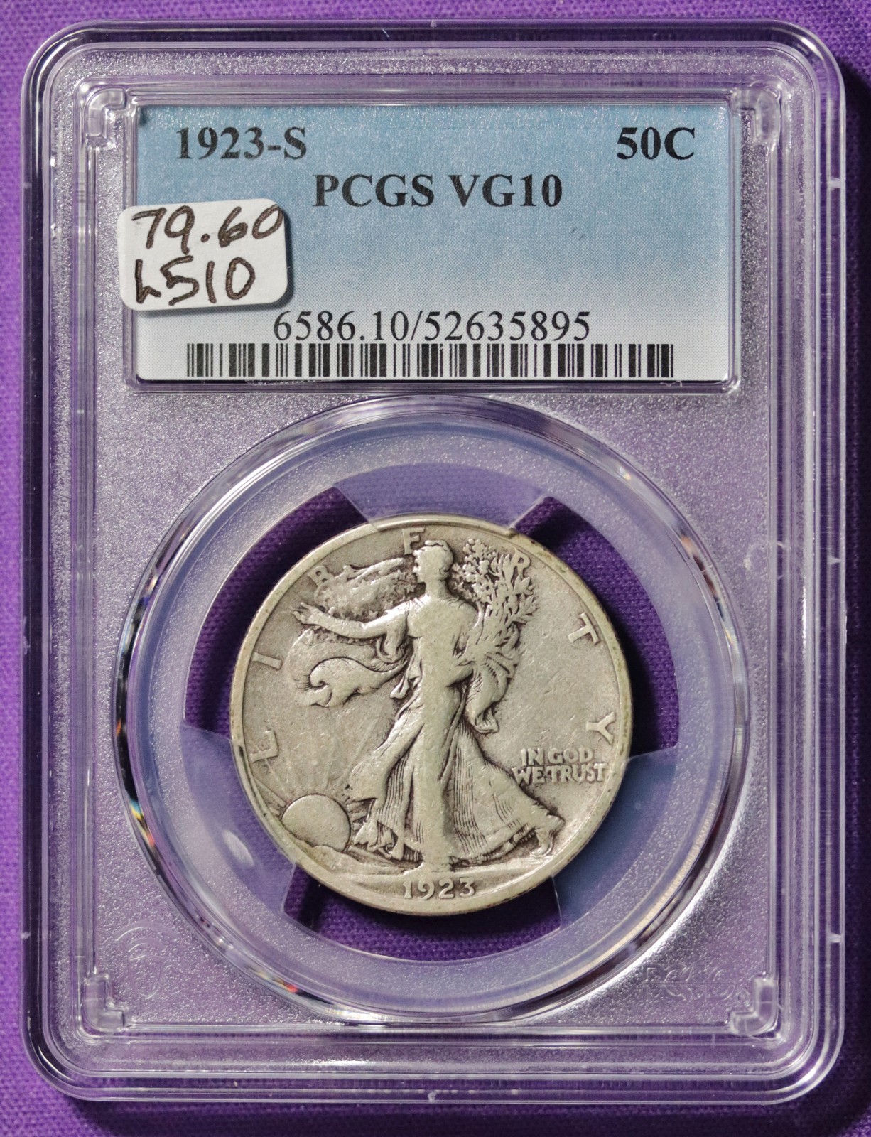 1923-s Walking Liberty Half.   In PCGS Holder.  VG10.  L510