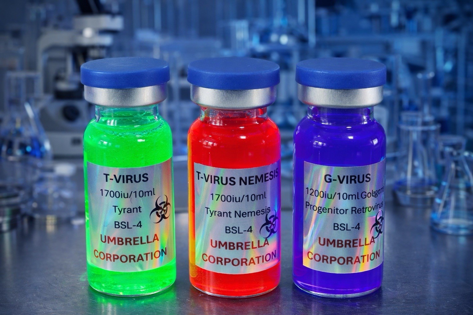 Umbrella Corporation 10ml Crimped Glass Prop vial Set- T-Virus, Nemesis, G-Virus
