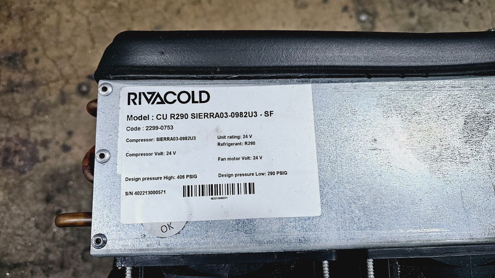 RIVACOLD Refrigeration Unit, Sierra Compressor, Condenser & 24Vdc Power Supply