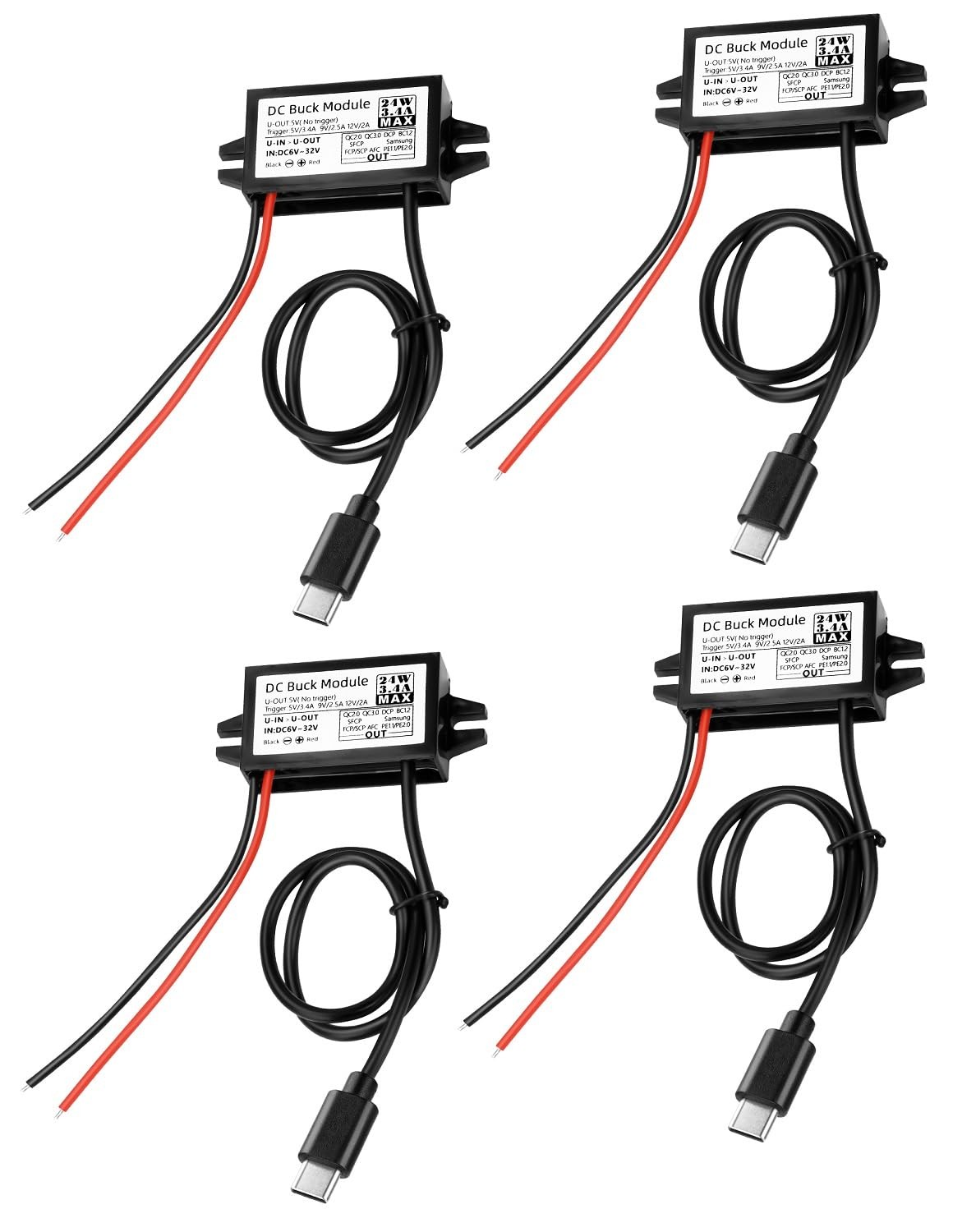 4 PCS DC 12V/24V to 5V USB C Step Down Converter 3A 24W Buck Module