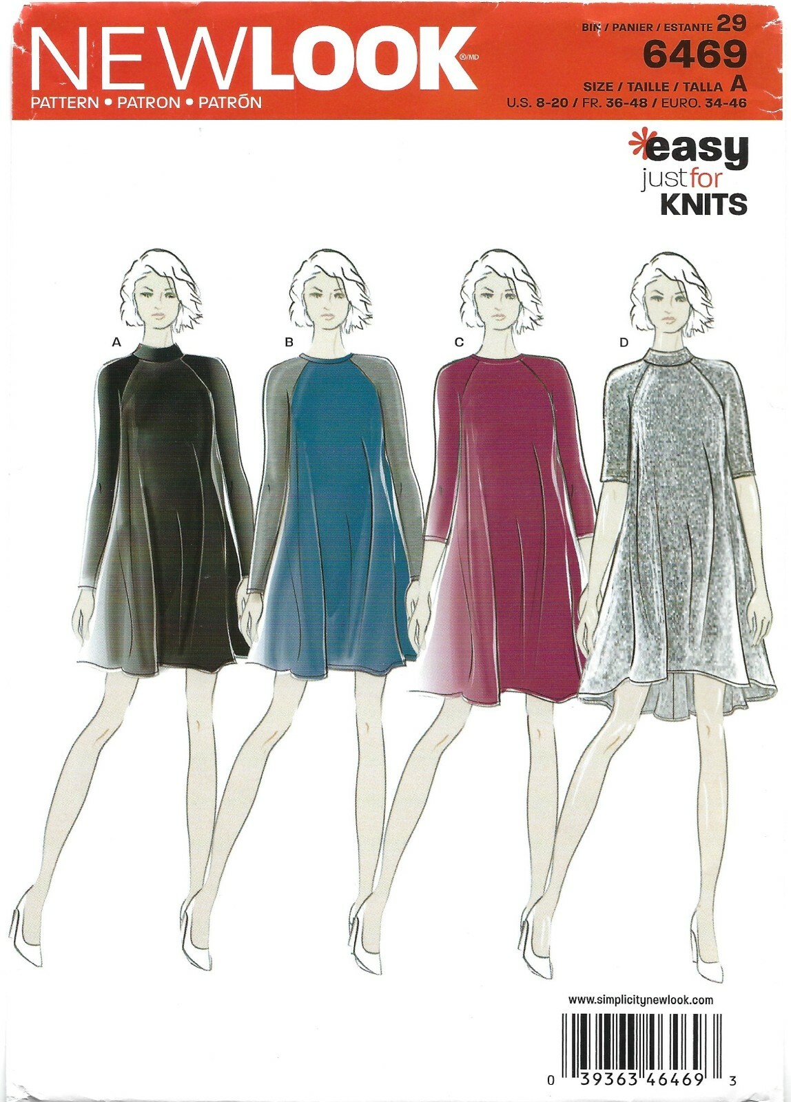 New Look 6469 Trapeze Dress or Mini Dress w Raglan Sleeves Sz 8-20 UNCUT Pattern