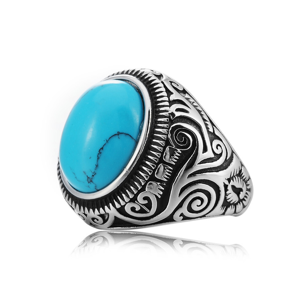 Stainless Steel Men's Oval Turquoise Ring Size 7-13 Men Fashion Jewelry