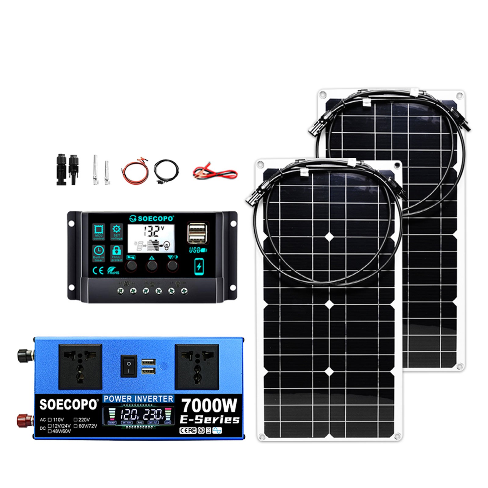 SOECOPO 7000W Peak Solar System Kit 2pcs Flexible Panel 100A Controller 12V/24V