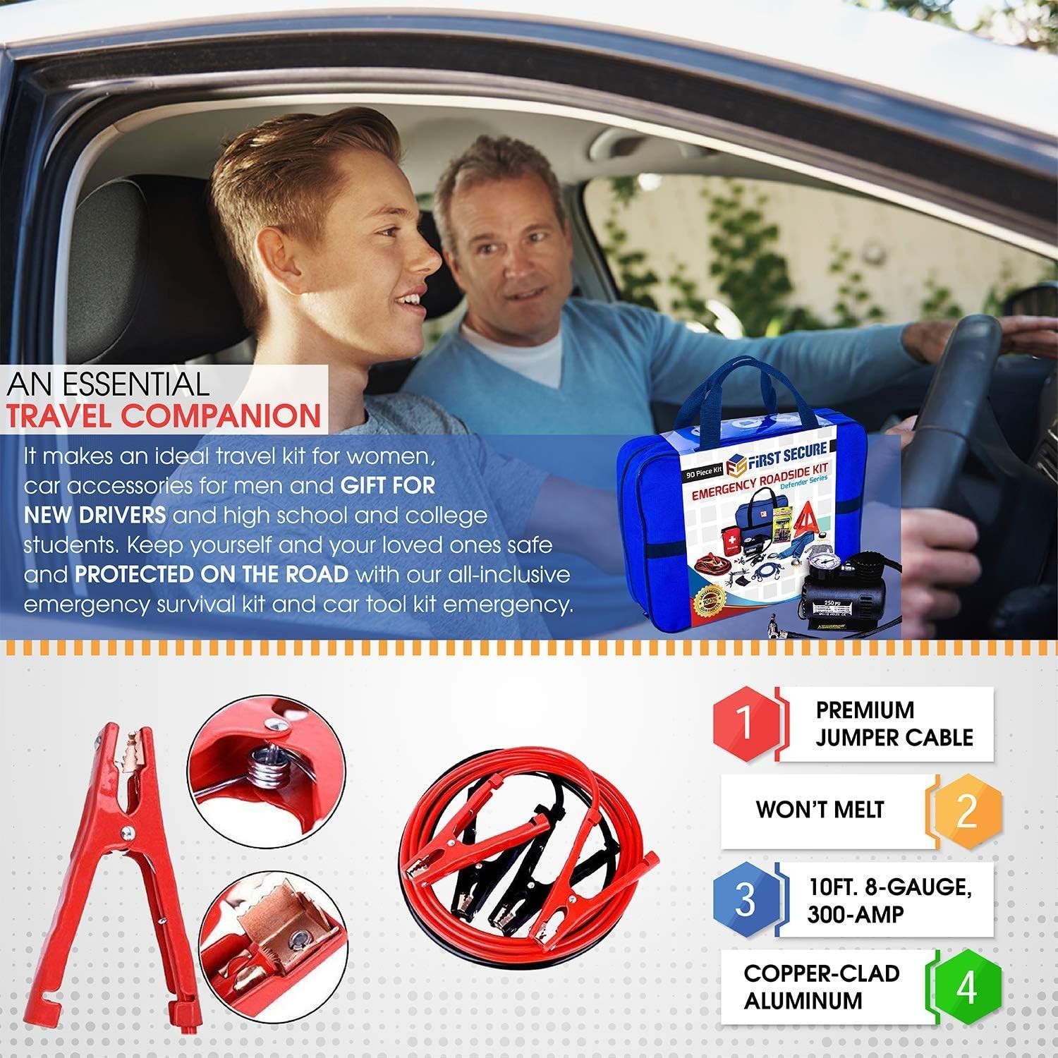 Car Emergency Kit with Air Compressor, First Aid, Tow Strap and More