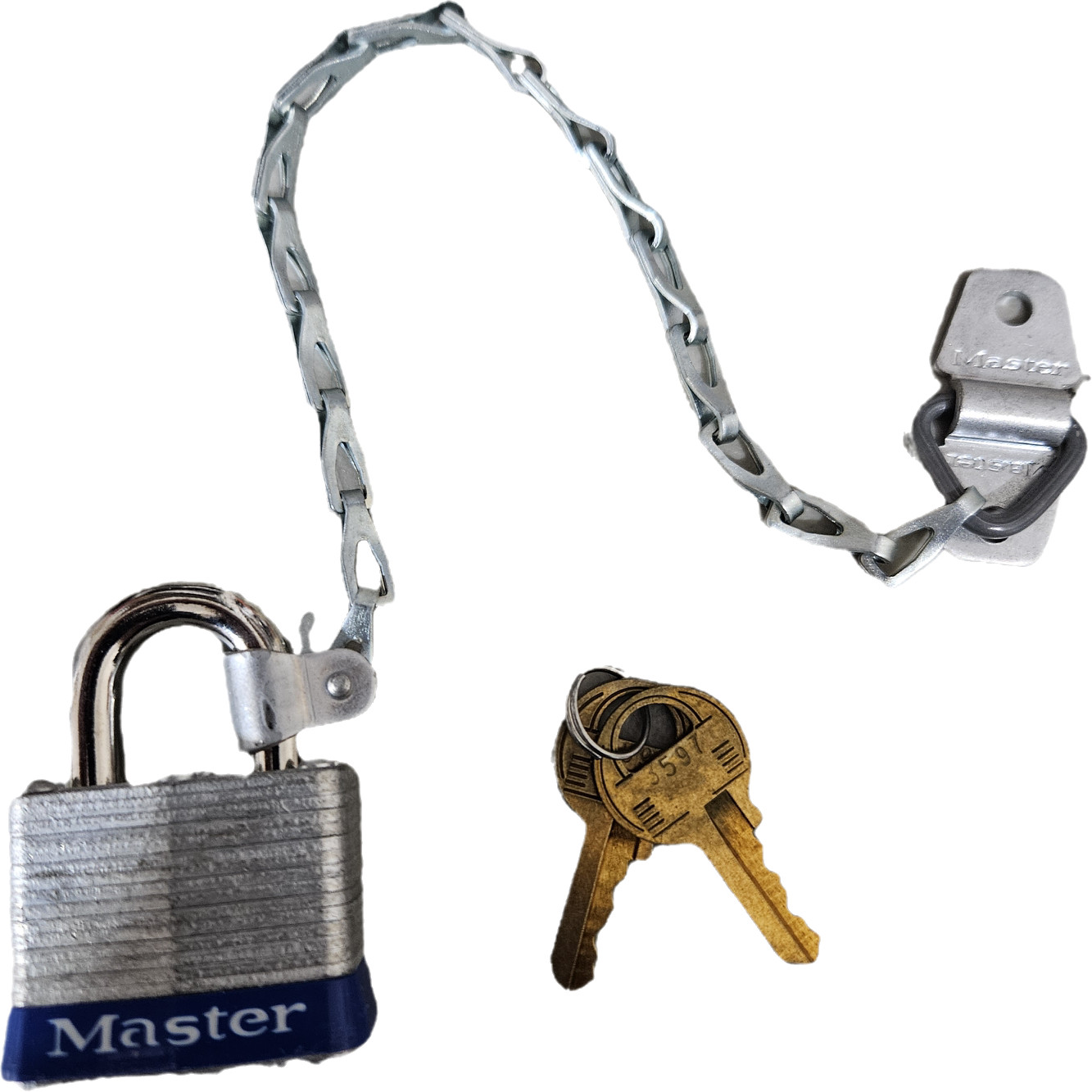 Master Lock 3C6KA-3597 Laminated Steel Padlock w/Collar and Chain Keyed Alike Ke