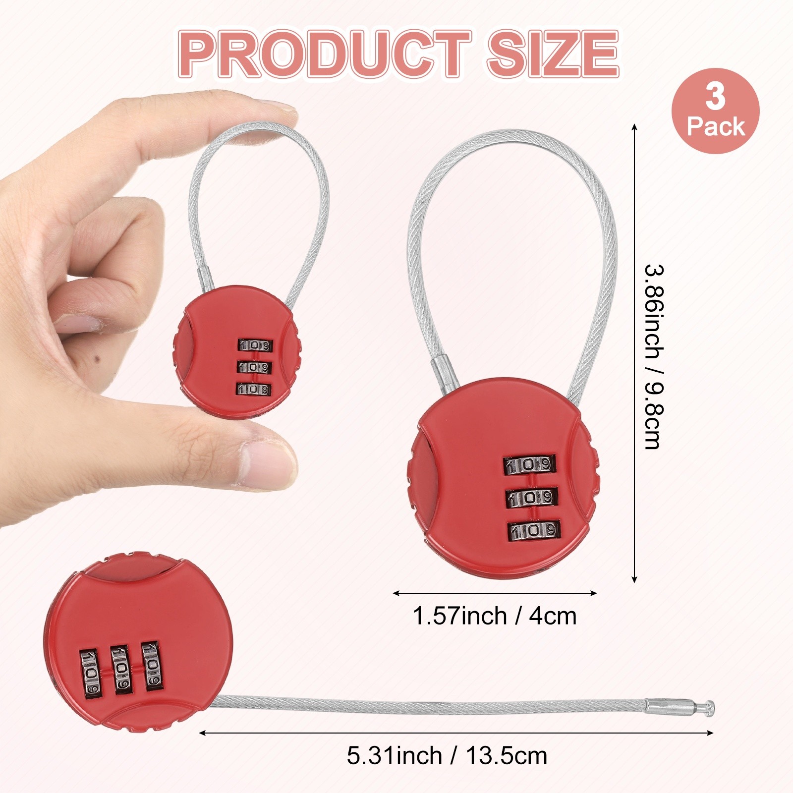 3-Pack Combination Locker Lock, 3 Digit Padlock for Gym/Luggage [Red]