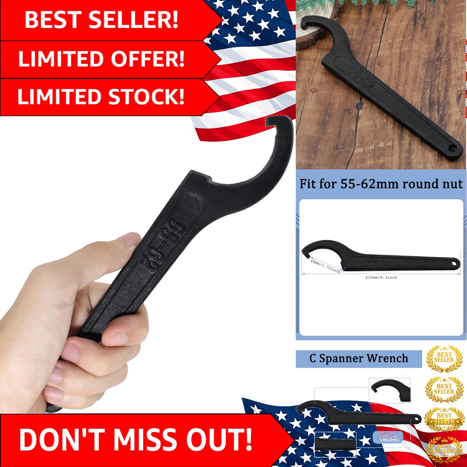 Mechanical C Hook Spanner Wrench for Round Nuts - High Torque Carbon Steel Tool
