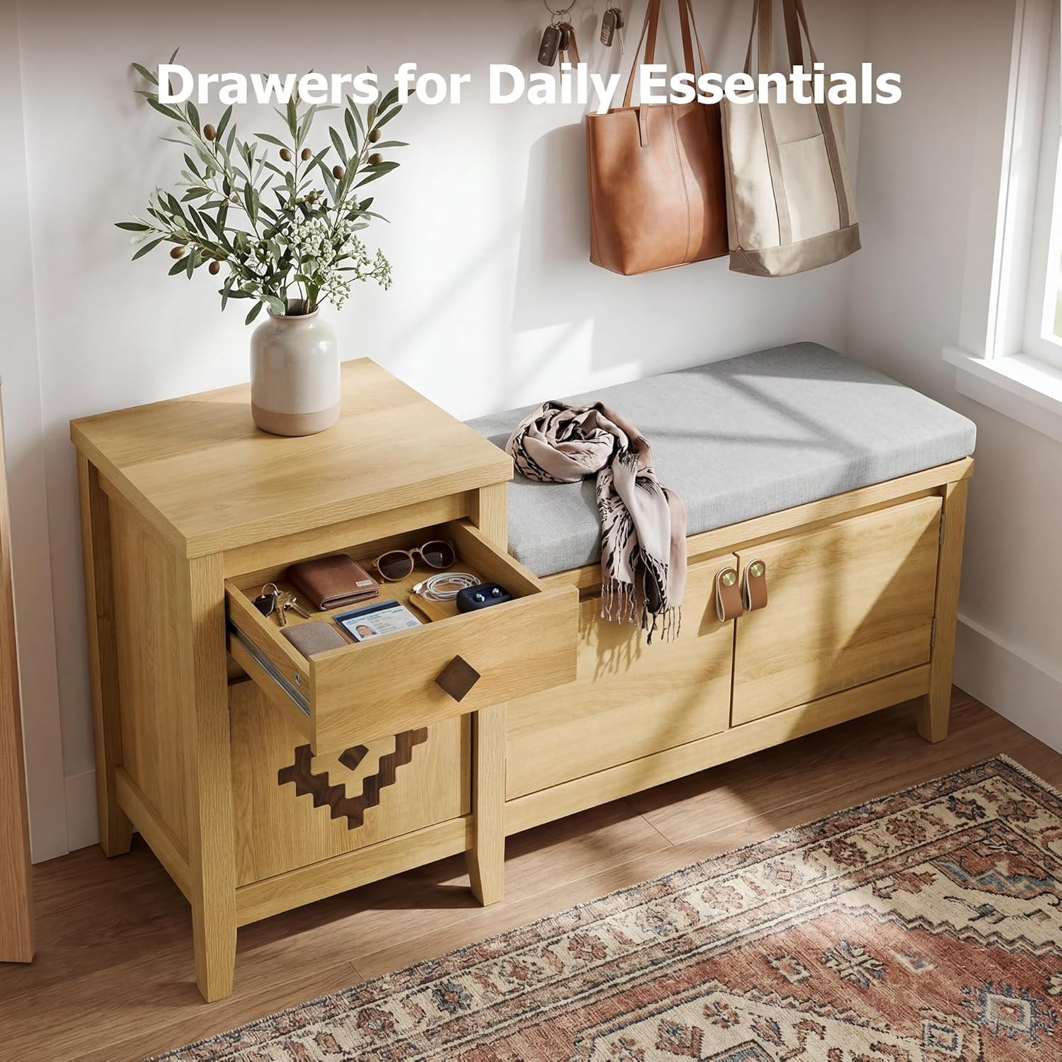 Natural 44" Rustic Entryway Storage Bench Cushioned Seat Drawer & Cubbies