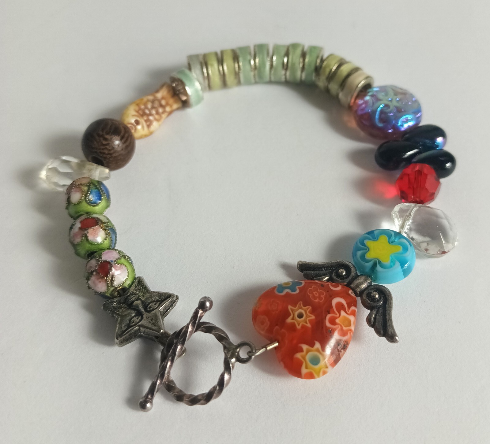 Handcrafted Mixed Media Bracelet with Millefiori, Cloisonne, and Rondelle Beads