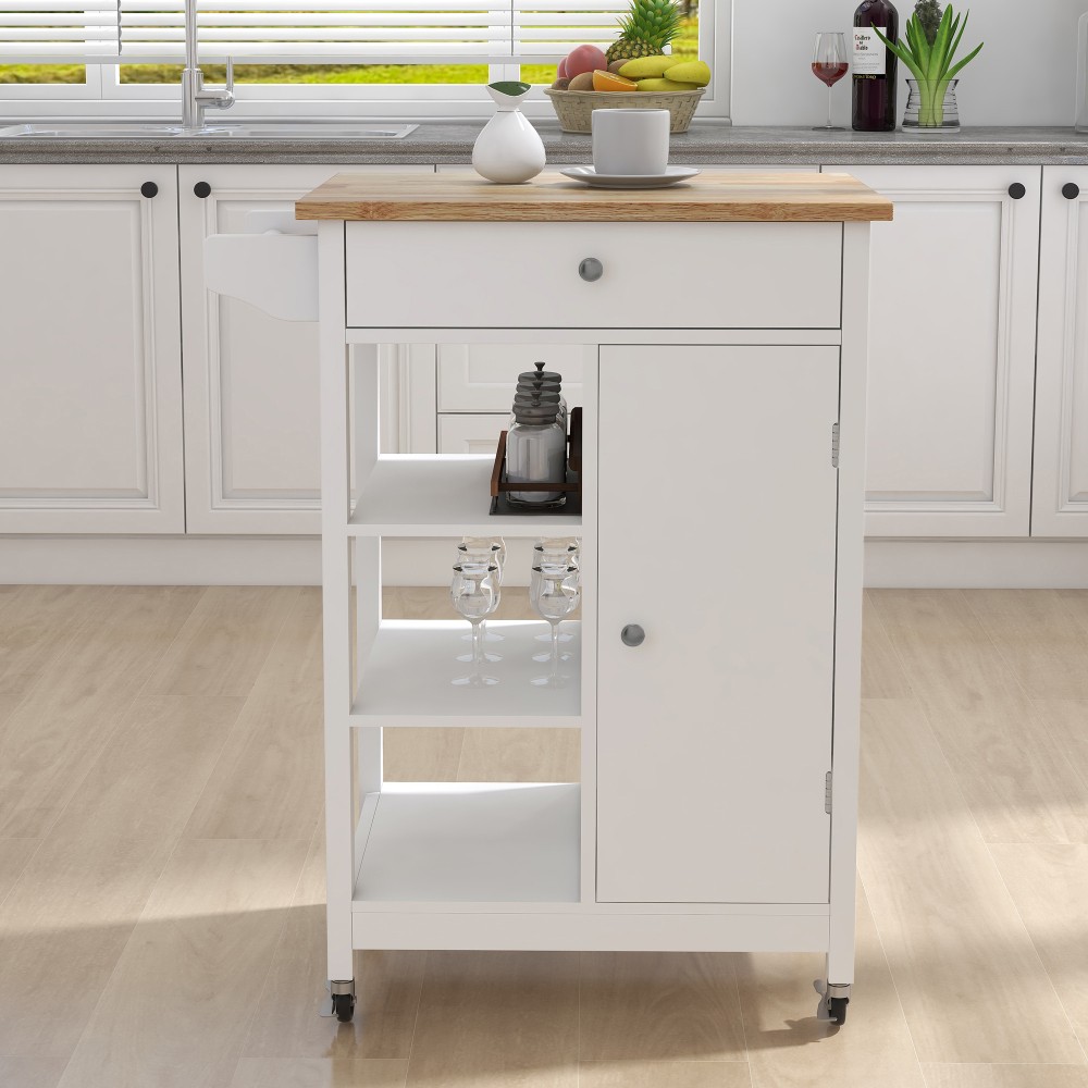 Kitchen Island w/ Adjustable Shelves, Towel Rack & Rubber Wood Top