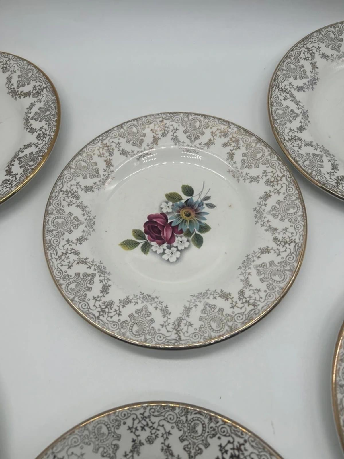 Hostess tableware plates dish x6 floral gold antique