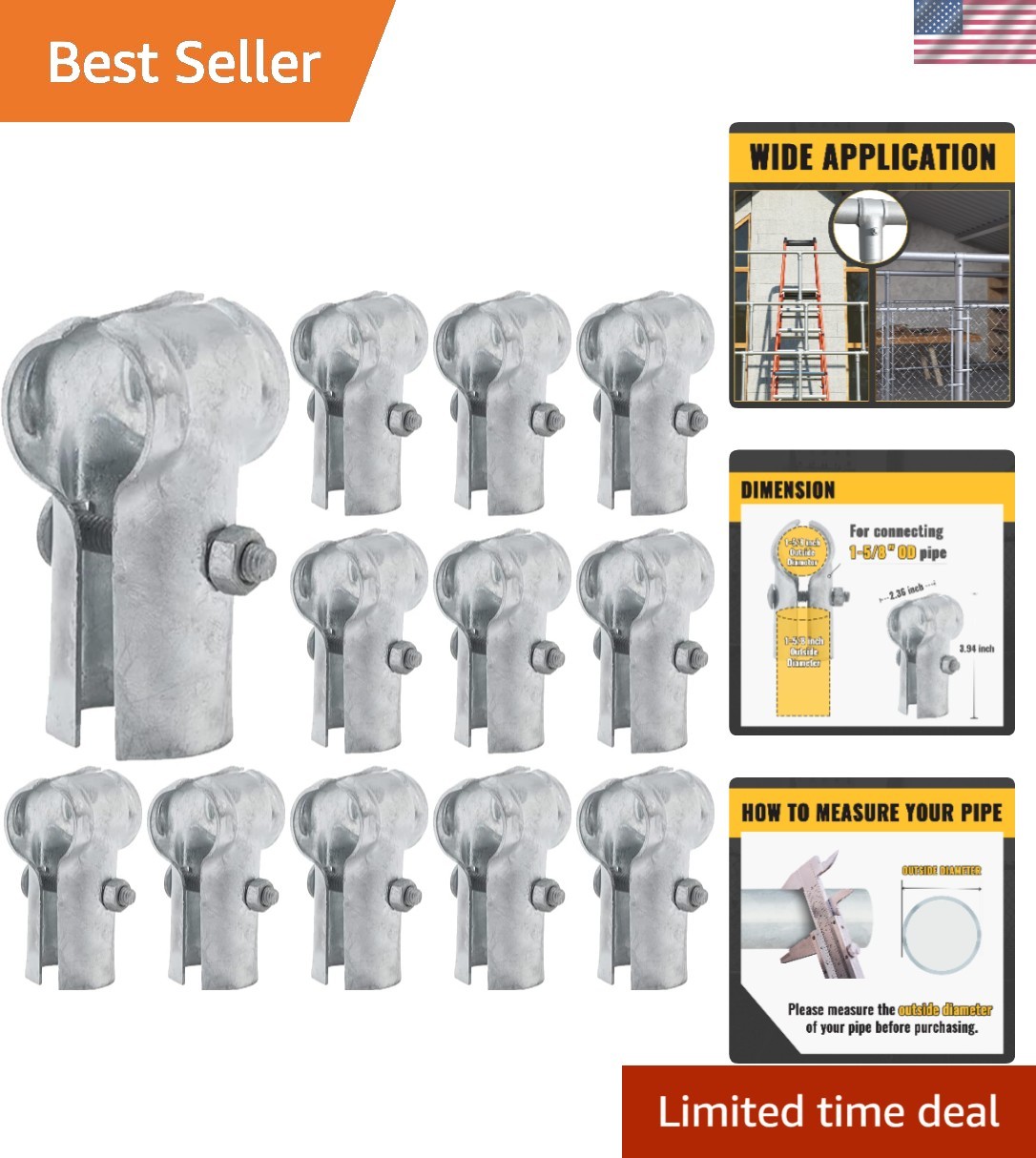 Galvanized Steel 1-5/8 Inch End Rail Clamps - 12 Pack for Fencing Projects