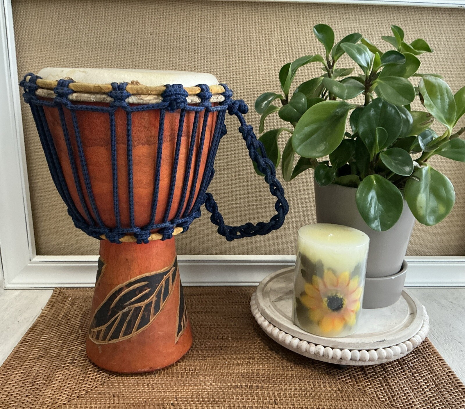 Vtg Handmade 12.5” Tall Mahogany Carved Djembe Drum W/Handle