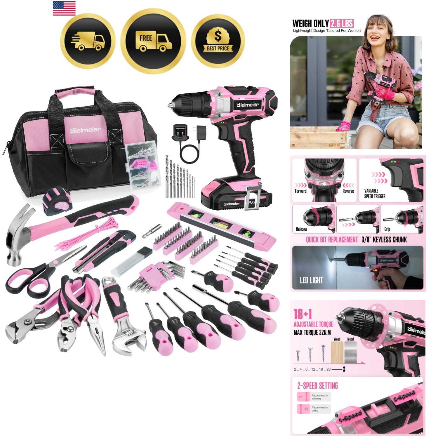 236-Piece 20V Cordless Drill Set for Women, Pink Home Repair Kit with Bag, Co...