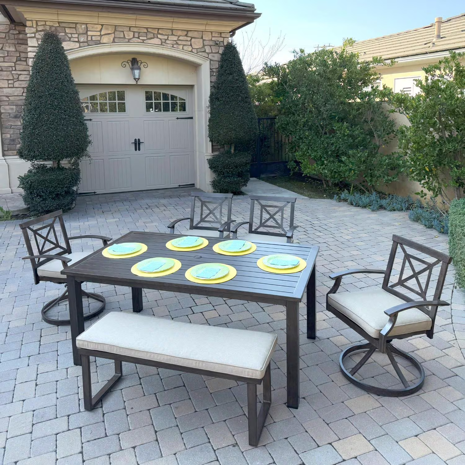 Atlantis 6 Pc Aluminum Dining Set 4 Swivel Rocker Dining Arm Chairs & Two