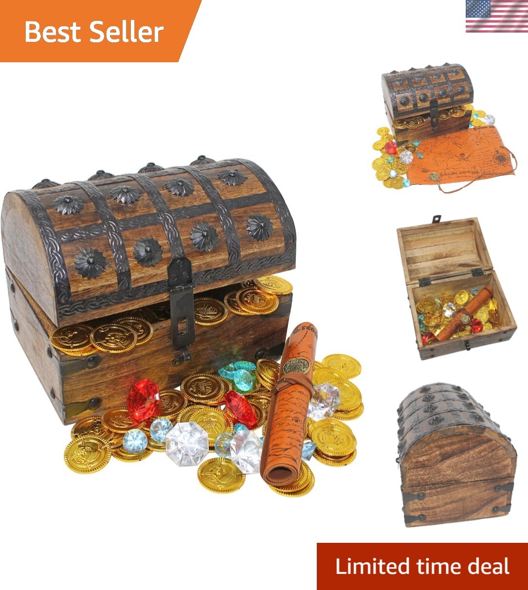 Wooden Pirates Treasure Chest Box Pirate Treasure Map and Gold Coins/Gems