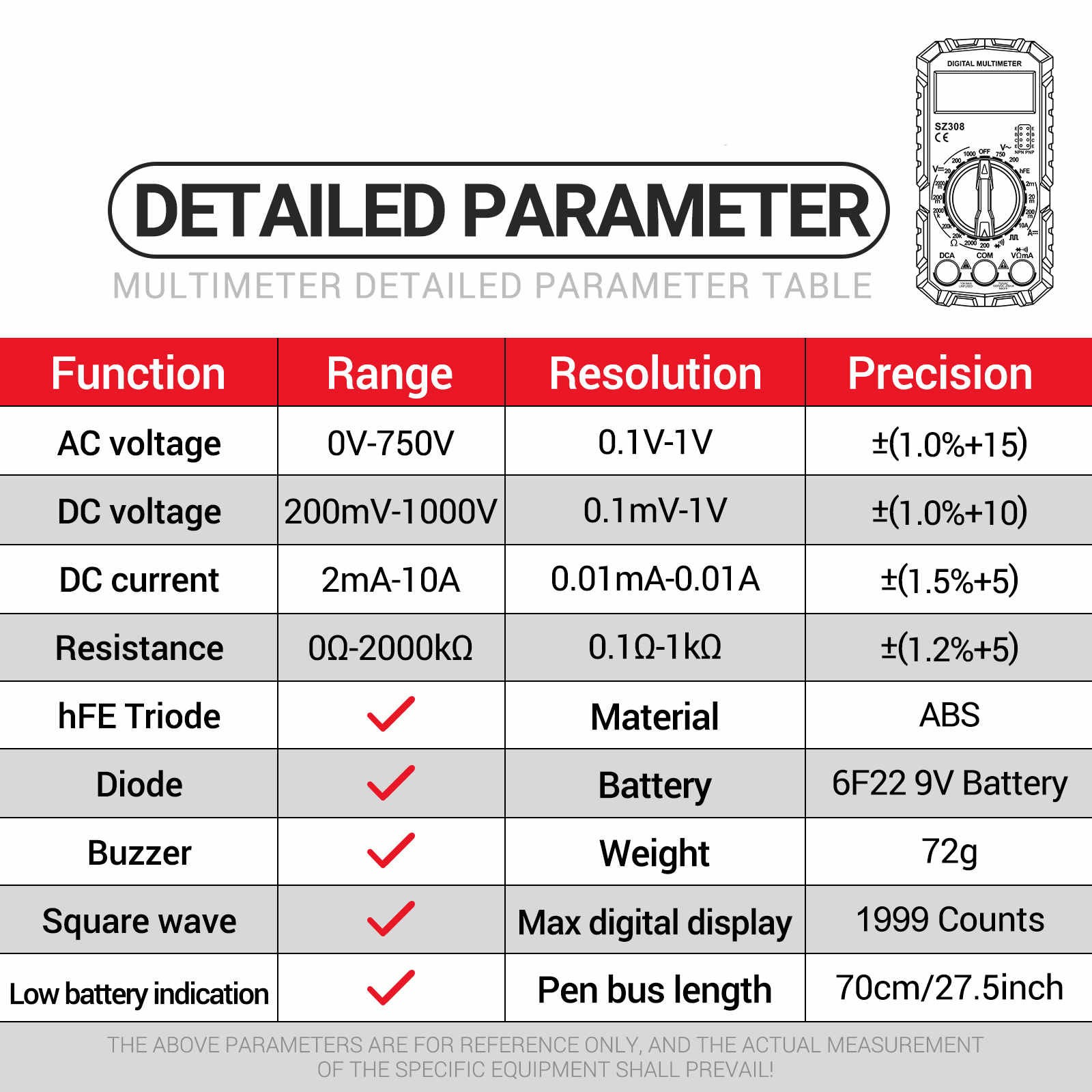 LCD Digital Multimeter with Buzzer for Continuity AC DC Voltage Current Testing