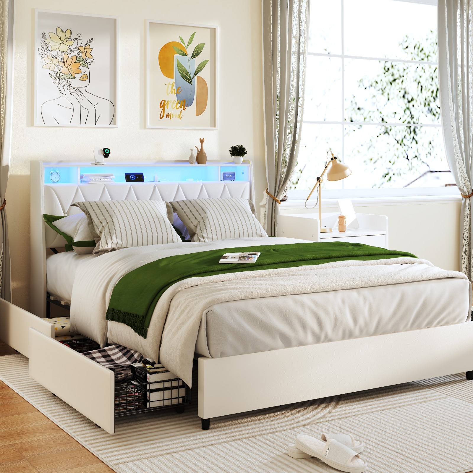 Full Bed Frame - Ergonomic Headboard, Outlets, LED, Storage (Noise-Free)