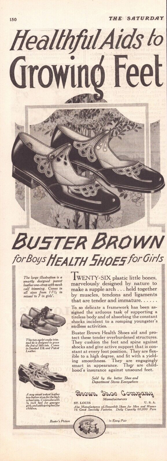 1927 Buster Brown Health Shoes for Girls Toddler High School Print Ad