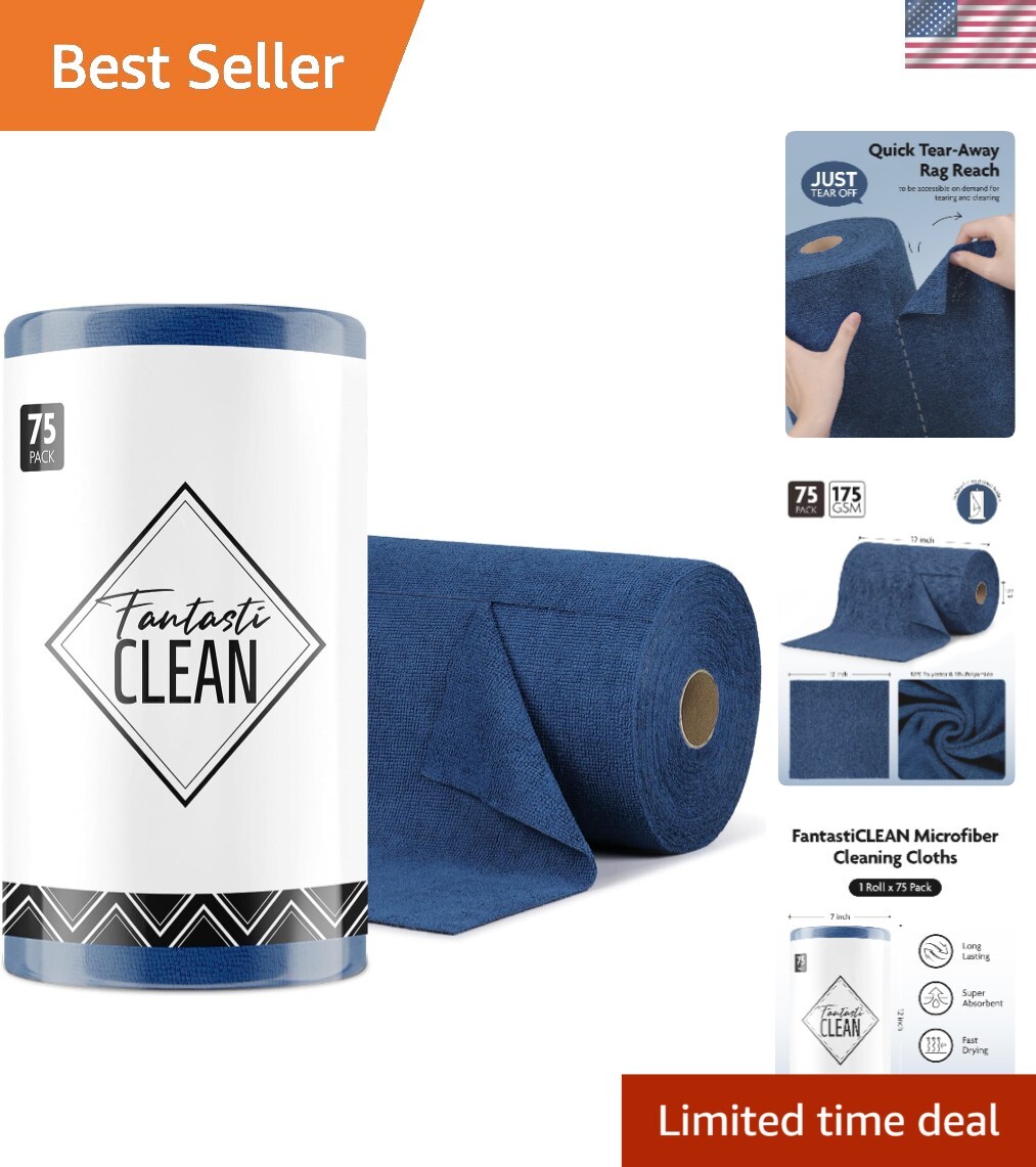 75-Pack Tear-Away Navy Microfiber Cleaning Cloths - Ultra Absorbent & Reusable
