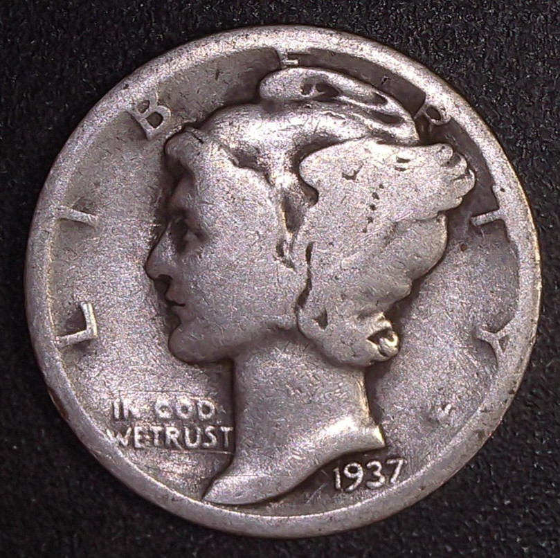 1937-P Mercury Winged Liberty .10c Dime 90% SILVER Philadelphia Mint