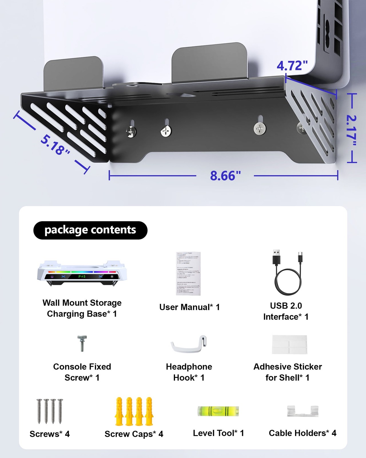 Atzeste PS5 Wall Mount Kit with 2-in-1 Dual Controller Fast Charging Station,