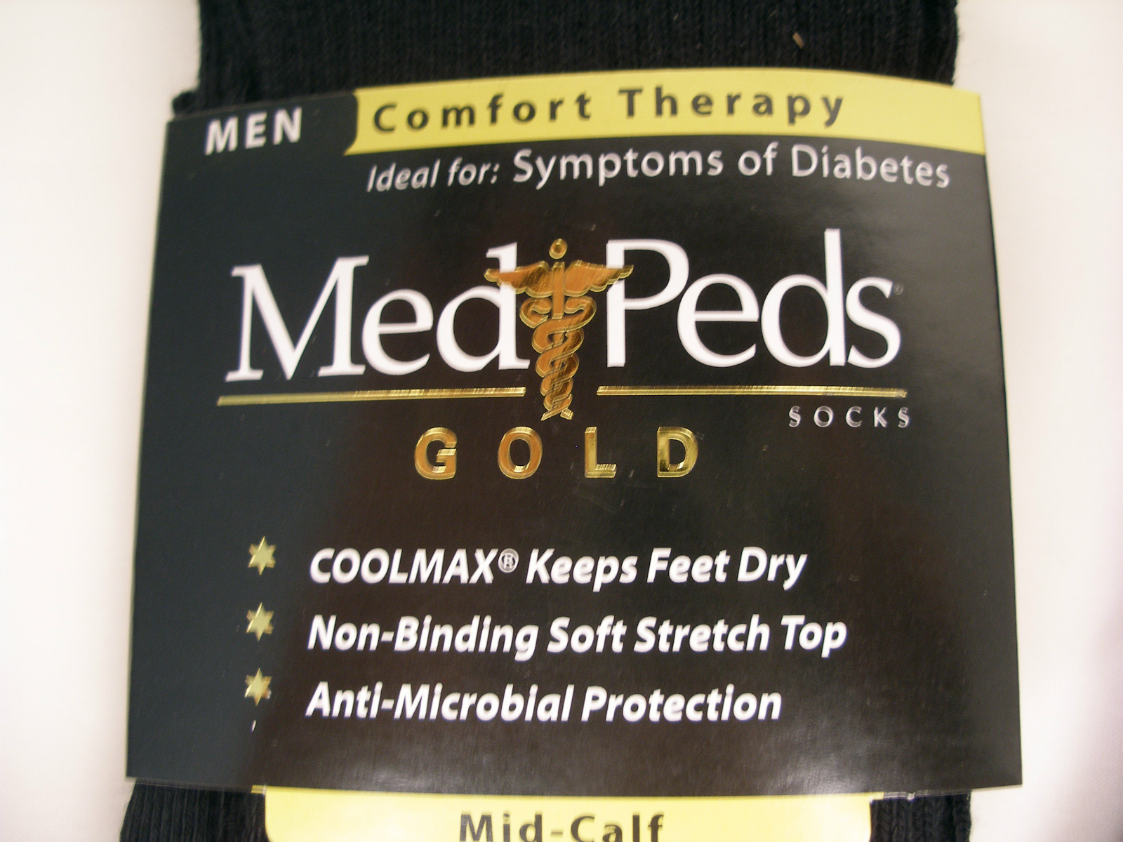 6 pair DIABETIC Socks Men Coolmax MediPeds Gold Mid-calf Turn Cuff  Black