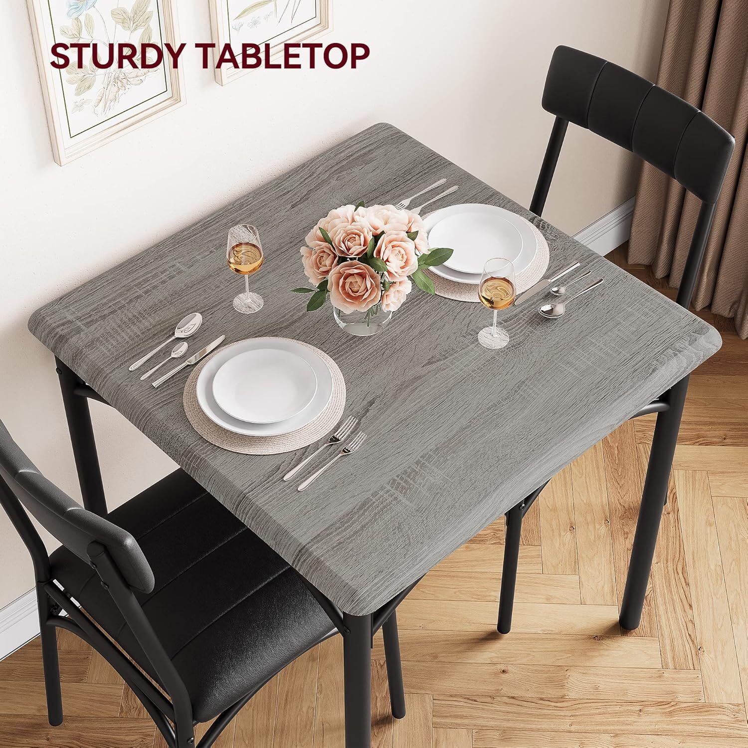 Modern Square 3Pcs Dining Set for 2 w/Upholstered Chairs, Compact, Easy Assembly