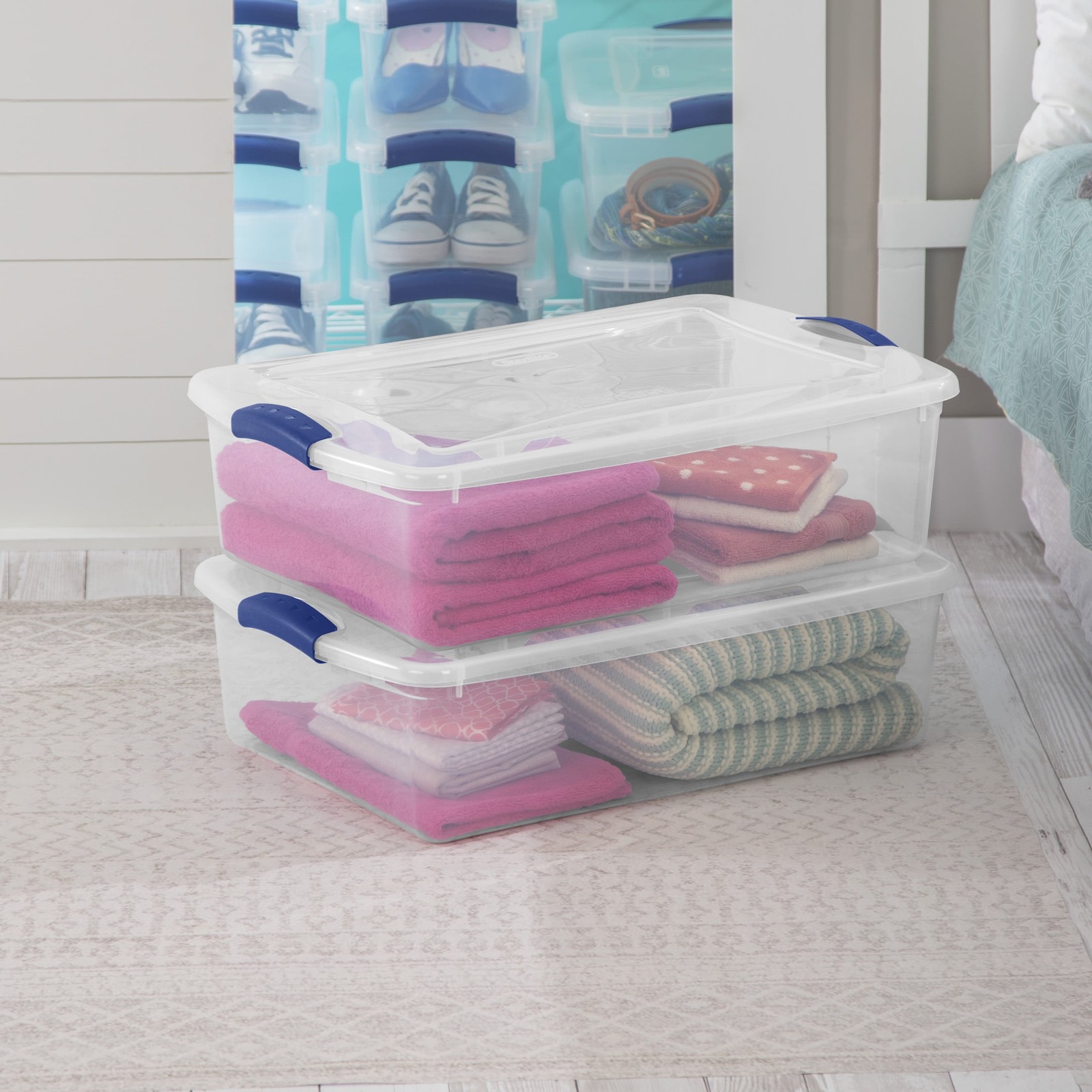 32 Quart Clear Storage Bin, Latching Lid Container, Blue