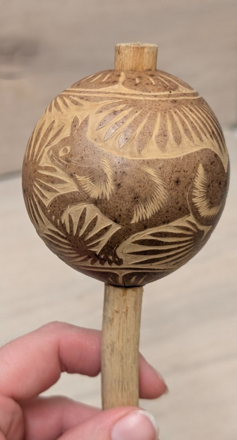 Vintage, Hand-Carved, Mexican, Jicaro, Wood Maraca Beautiful Floral animal print