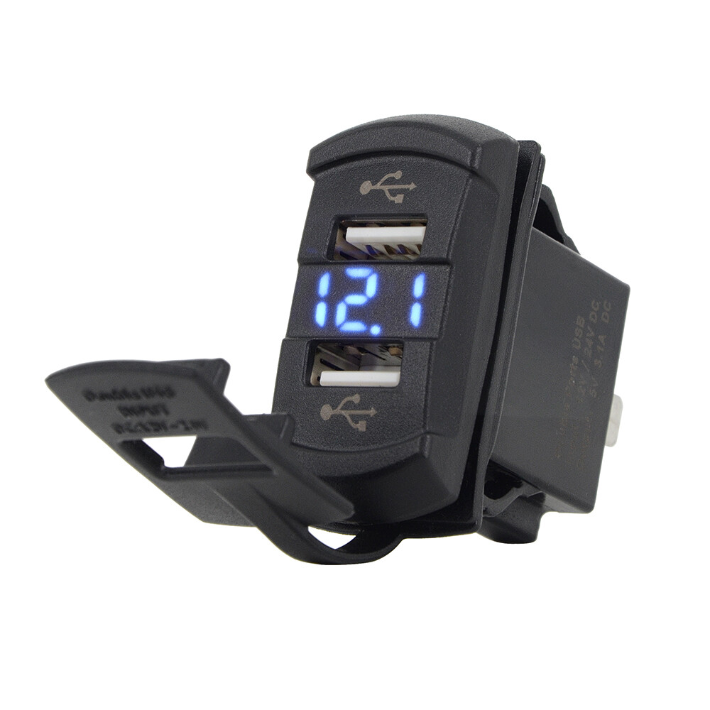 12V Dual USB Charger Voltmeter Rocker Push Switch Marine Boat Blue LED Car Truck