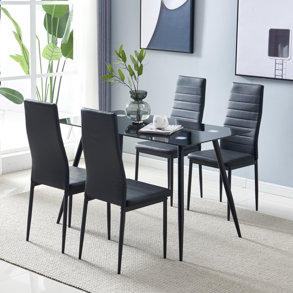 4pcs Dining Chairs - PU Leather, Black High Back, Cross-Stitch & Round Tube Legs