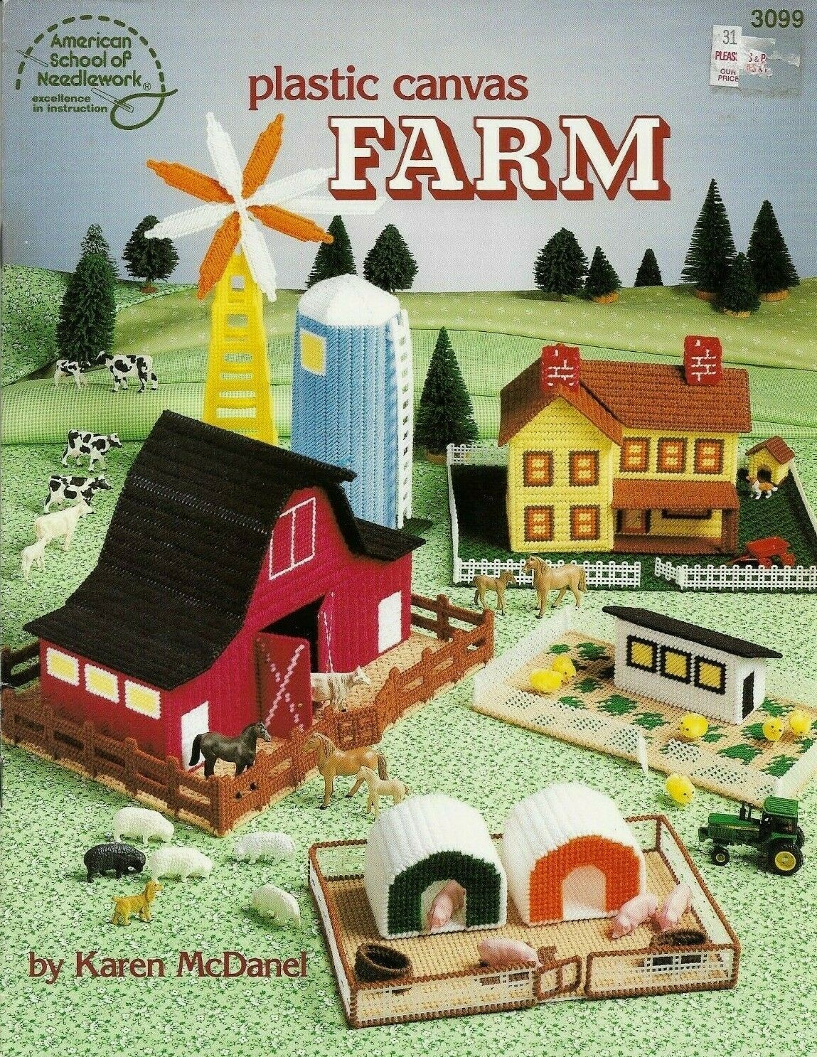FARM BARN PLAY SET 7 DESIGNS HOUSE SILO WINDMILL PLASTIC CANVAS PATTERN BOOK HTF