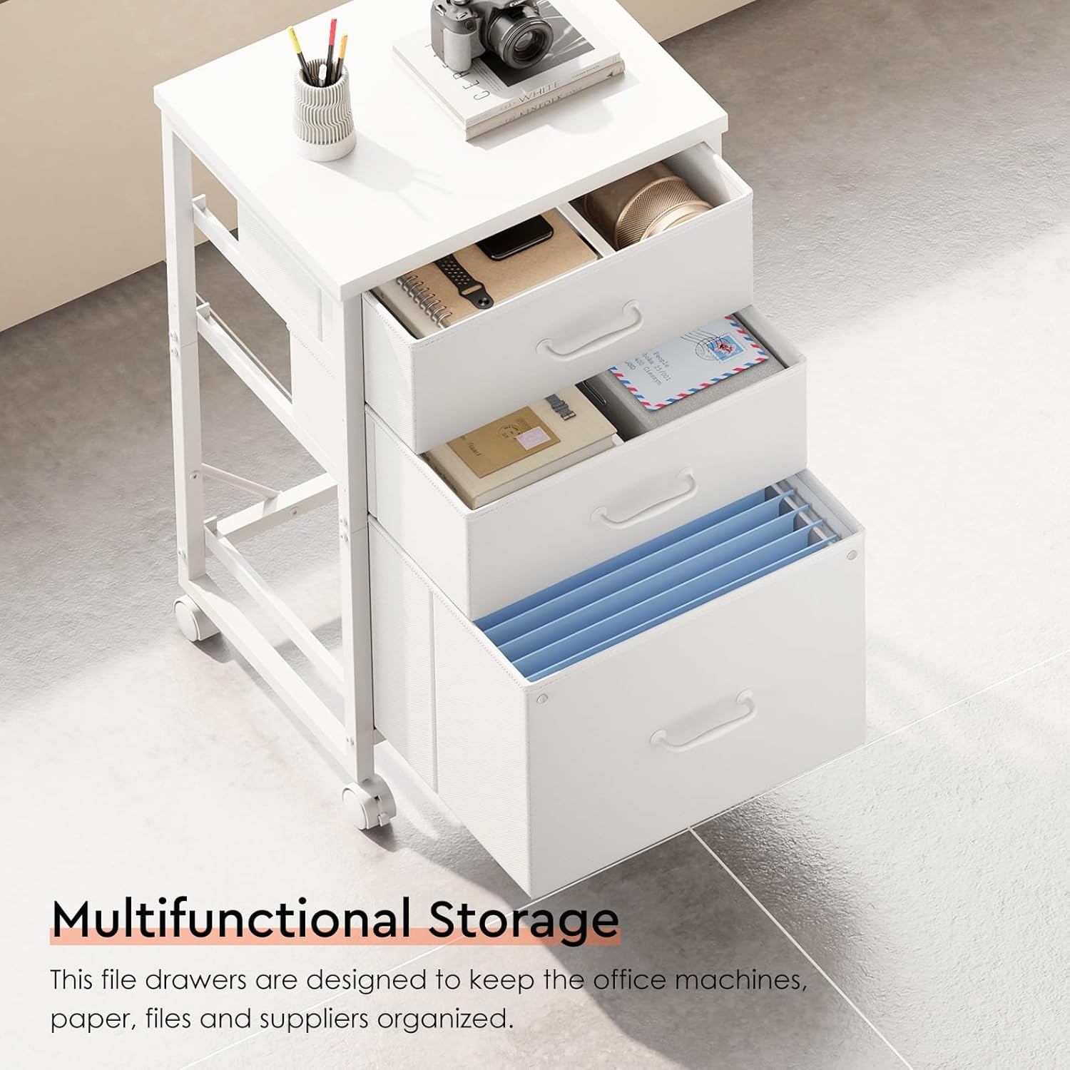 3 Drawer Mobile File Cabinet with Wheels Fabric Vertical Filing Cabinet Fits A4