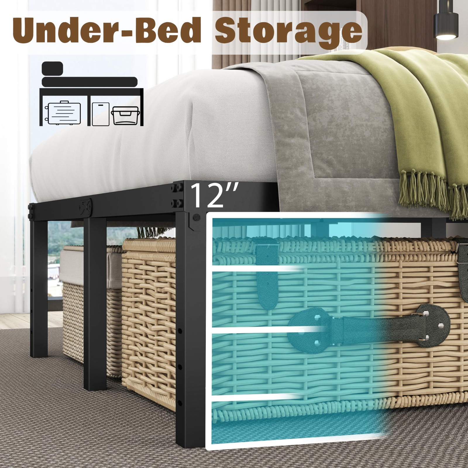Twin Bed Frames 14 Inch Platform Bed Frame with Large Storage Space,Black Bed Fr