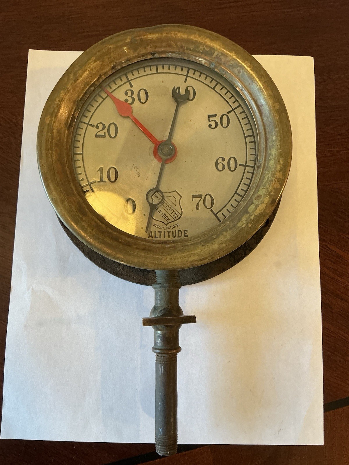 Vintage Ashcroft Large Brass Face Altitude Gauge New York