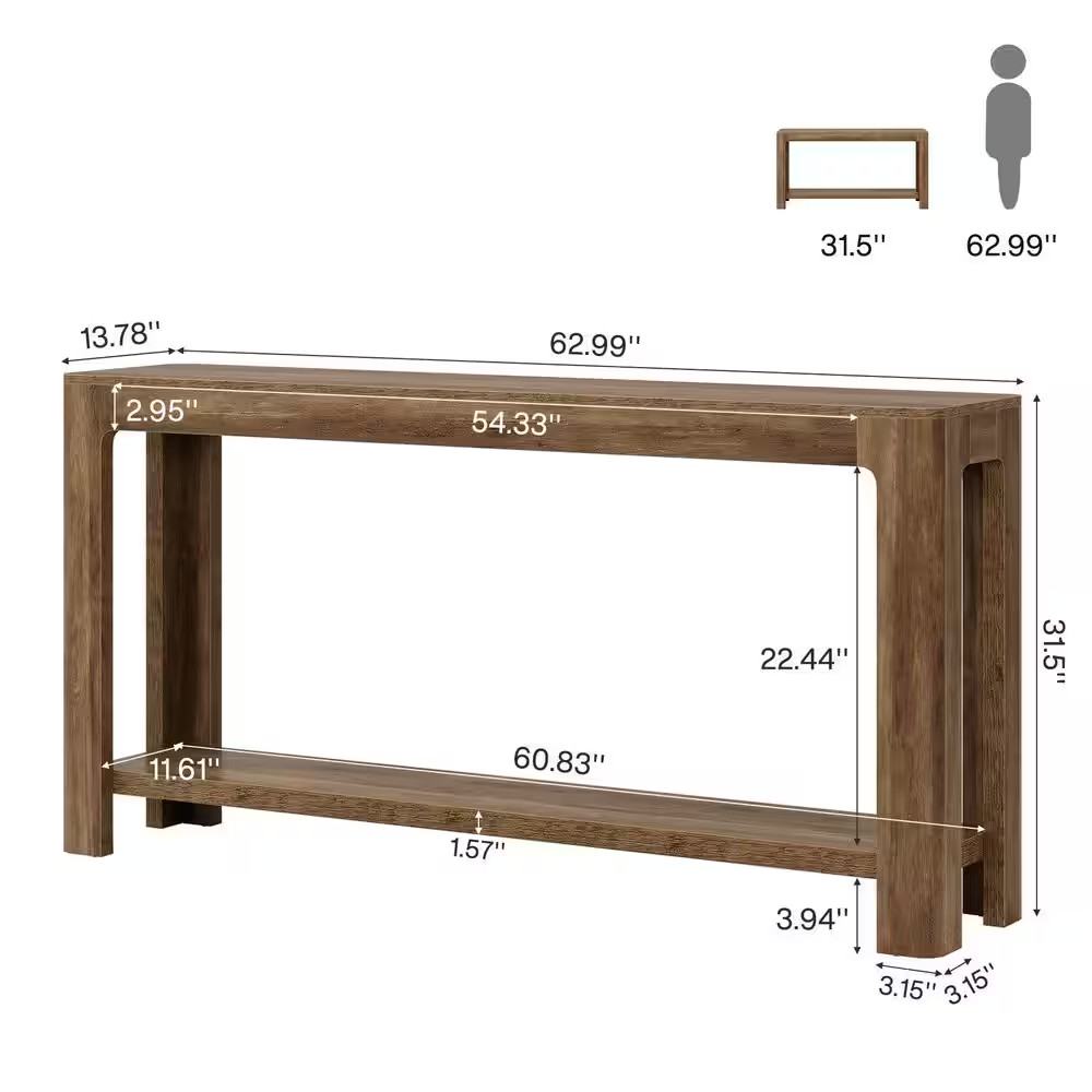 Turrella 63 In. Rustic Brown Rectangle Wood Console Table with 2-Tier for Storag