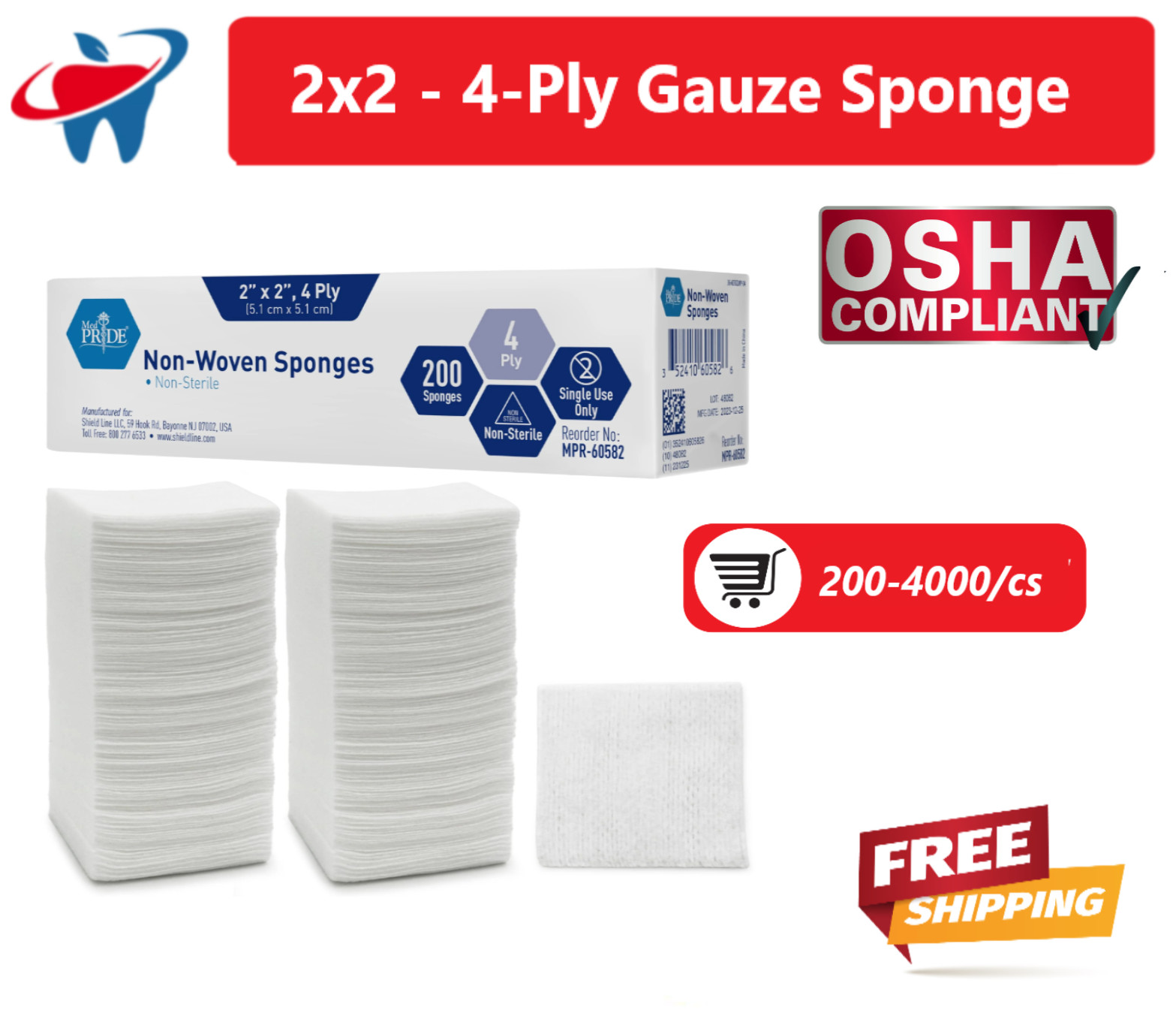2x2 Non Woven Sponges 4-Ply, Non-Sterile Cotton Dental Gauze (200-4000 Pack)