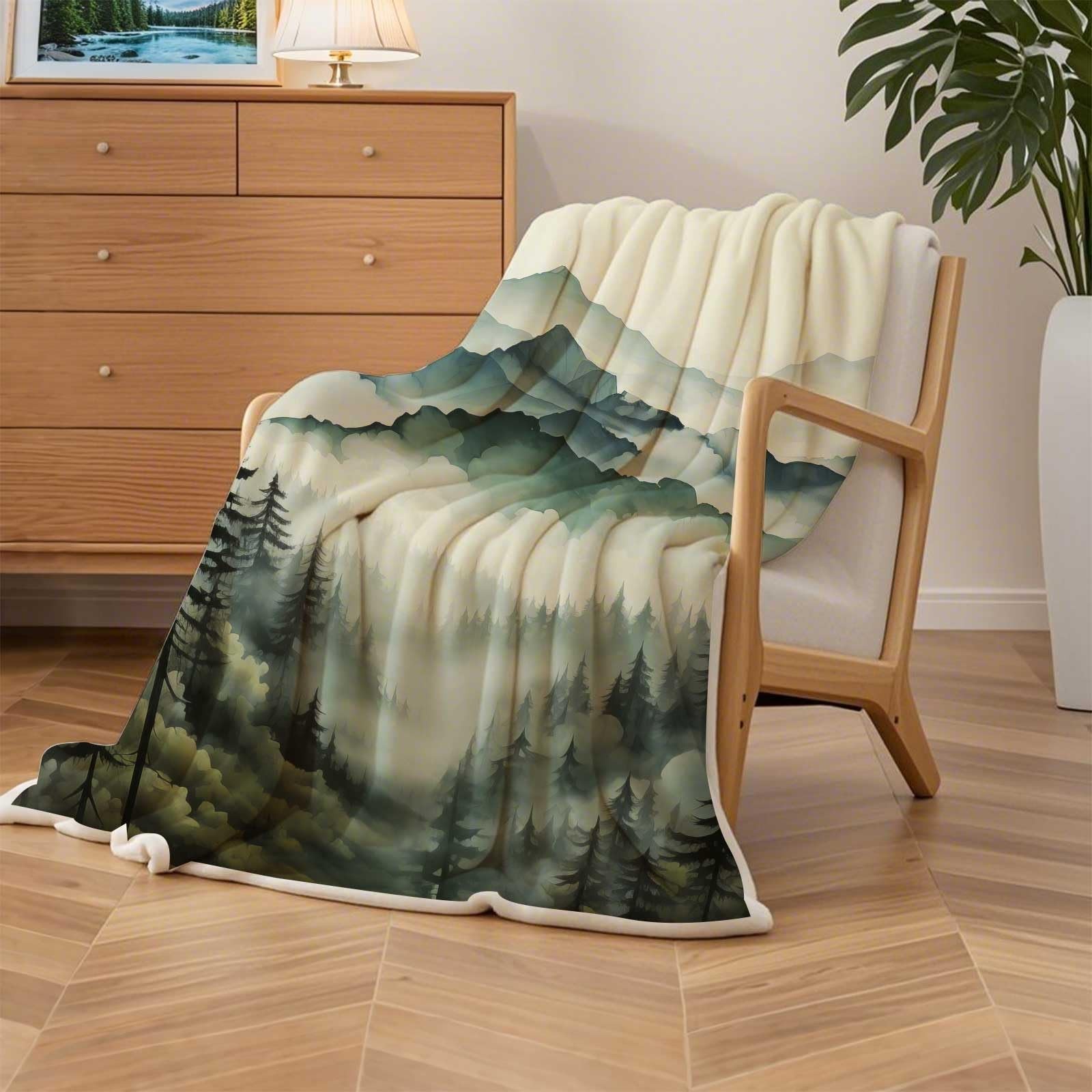 50x60 inch Misty Forest Fleece Blanket Soft Warm Nature Mountain Throw Green