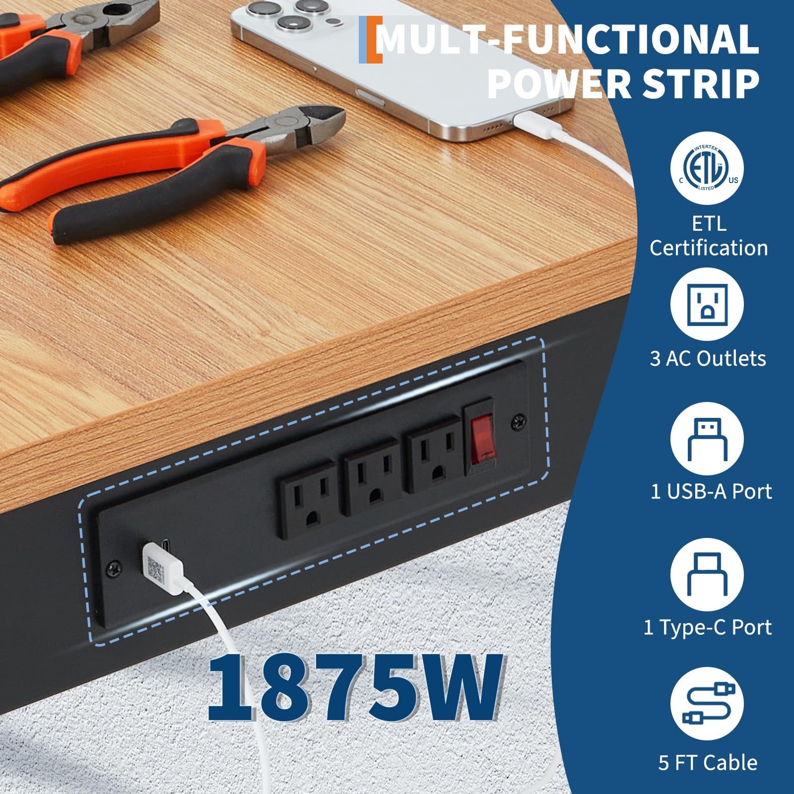48" Workbench Adjustable Height Work Table Garage ,2500LBS Load Rubber Wood Top